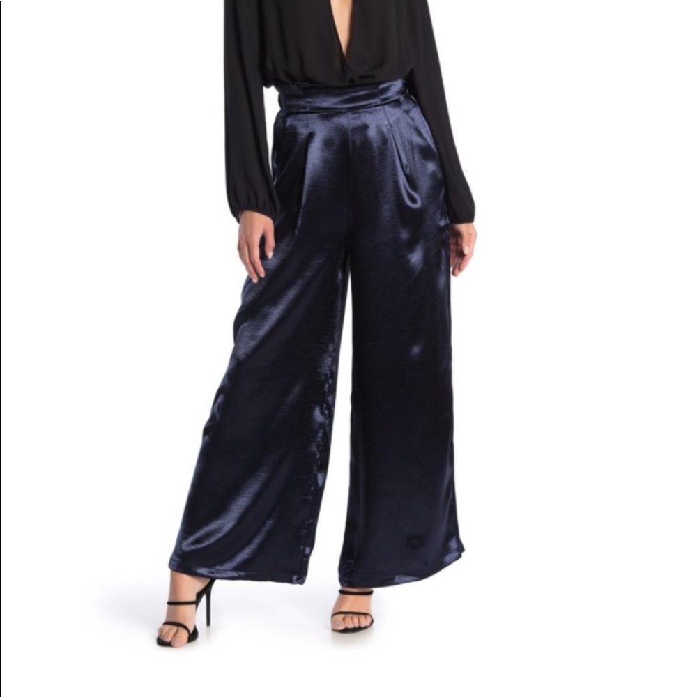 Navy Blue High Waisted Wide Leg Trouser Pants